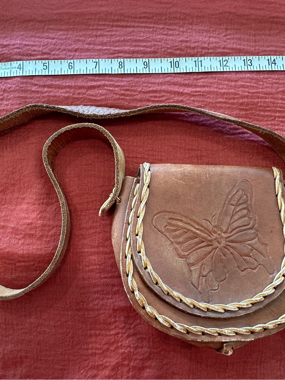 Vintage Handcrafted Brown Leather Butterfly Crossbody Bag